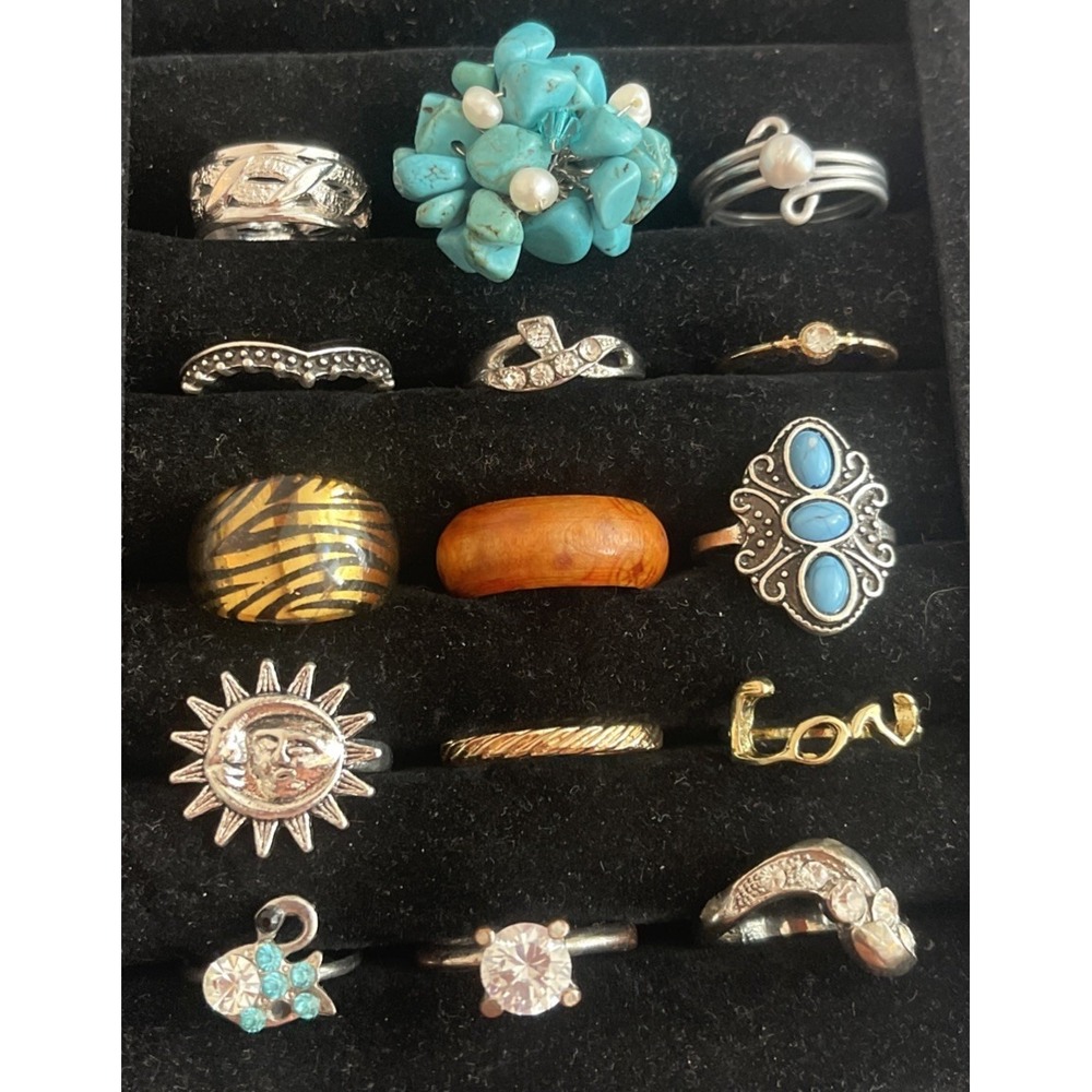 Lot of 15 Costume Rings Beads Stones Gold Silver Tone #4